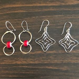 2 Pairs of Handmade Artsy Geometric Silver Earrings